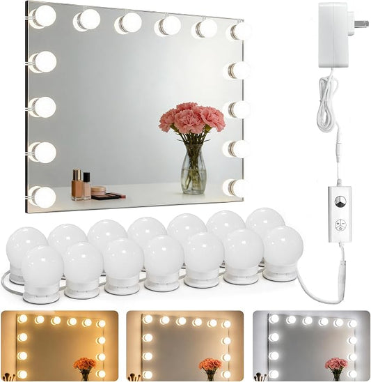 Waneway 14 Bulbs Vanity Lights for Mirror, Plug in Power Adapter & Touch Control Dimmer, 3 Color Modes, 1260 Lumens, Stick on LED Makeup Lights Kit (Mirror Not Included)