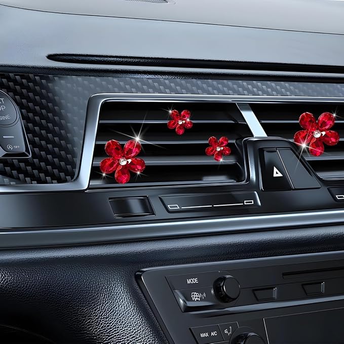 5PCS Bling Flower Car Air Vent Clips, Crystal Rhinestone Vehicle Air Conditioning Outlet Clip, Diamond Automotive Interior Decoration Charm, Universal for Automobile RV Truck (Red)
