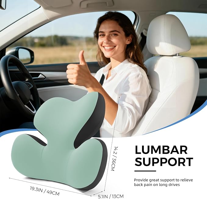 BEBAS Ergonomic Memory Foam Lumbar Support Pillow for Car, Green | Zoned Pressure Relief for Back Support, Lumbar Cushion with Fixed Ring, Breathable Washable Cover, Fits for Driving & Office