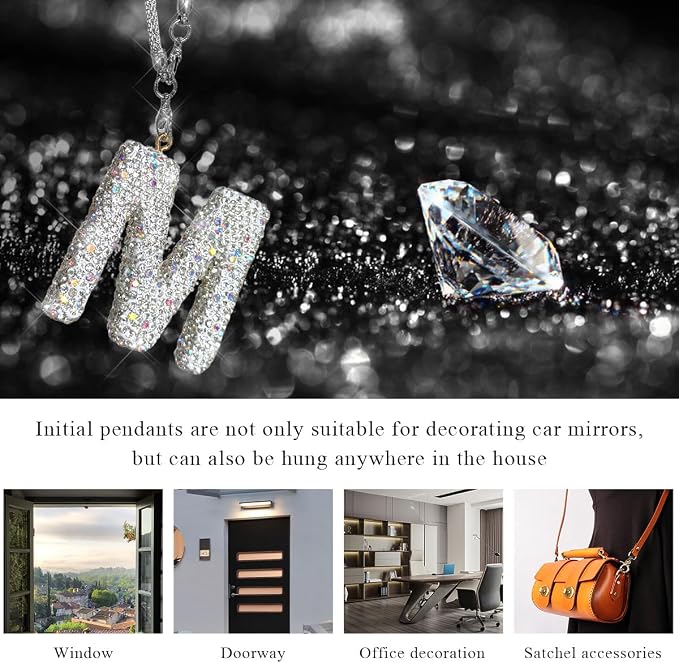 DXNQ Bling Initial Car Rear View Mirror Ornament, Crystal Sparkling Cute Letter Charm Pendant Auto Decor, Hanging Lucky Diamond Initial Charm Car Mirror Bag Ornament for Girl Women (Letter M)