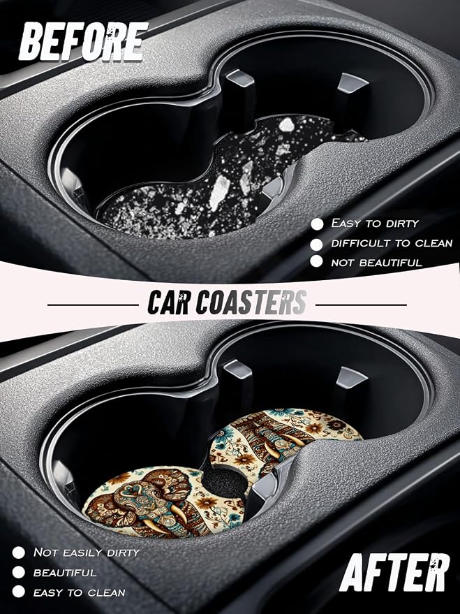 Car Cup Coasters,2 Pack Car Coaster,2.75inch Anti Slip and Absorbent Cars Coasters for Cup Holders,Neopren Accessories for Women,Cute Decor for Women (Elephant)