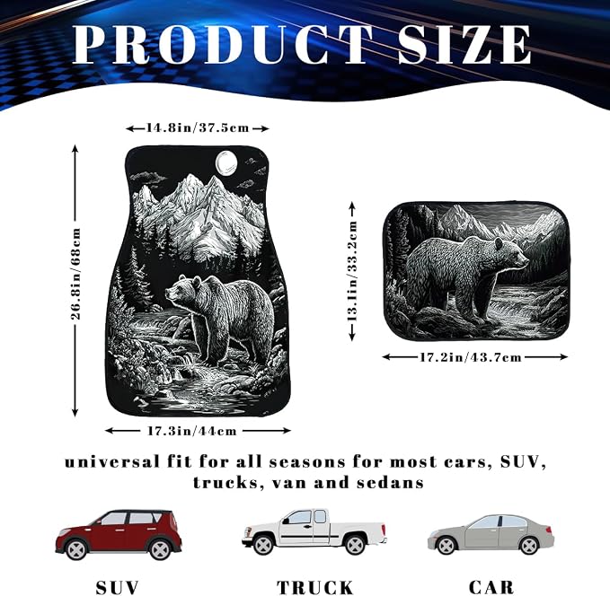 Bear Car Floor Mats Set of 4 Mountain Moon Snow Stream Vintage Carpet Front Rear Carpets Mat Non-Slip Auto Car Accessories Universal Fit Car Accessories for Truck