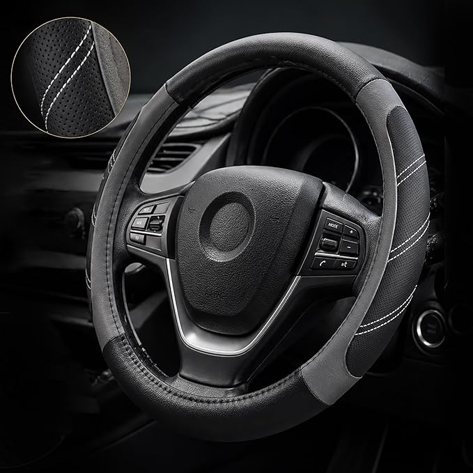 Elantrip Leather Large Steering Wheel Cover 14 1/2 inch to 15 inch Universal, Soft Grip Breathable for Car Truck SUV Jeep Anti Slip Gray