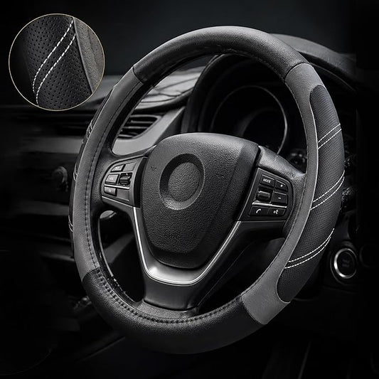 Elantrip Leather Large Steering Wheel Cover 14 1/2 inch to 15 inch Universal, Soft Grip Breathable for Car Truck SUV Jeep Anti Slip Gray