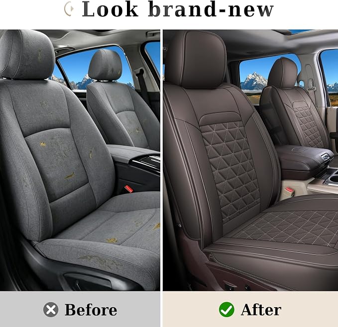 Coverado Leather Car Seat Covers, Waterproof Dooge Ram 1500 Seat Covers Compatible with 2002-2026 Dodge Ram 1500 2500 3500 with Flat Bench (Full Set, Coffee)