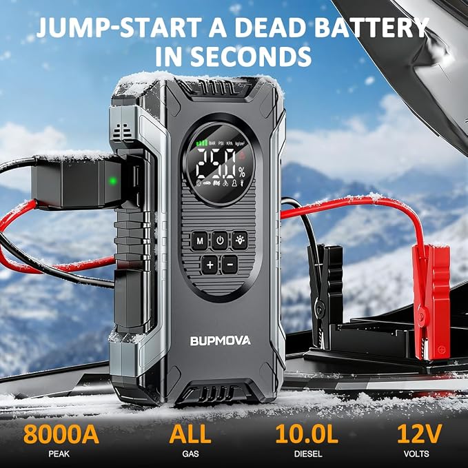 8000A Jump Starter with Air Compressor, 150PSI | For All Gas & 10L Diesel Vehicles. Tire Inflator, Power Bank, LED Light. Portable w/ Storage Case