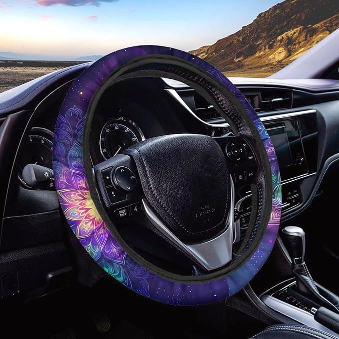 AFPANQZ Automotive Steering Wheel Covers Universal Fit 14 to 15 inch, Purple Bohemian Flower Steering Wheel Protector with Cloth for Women Keep Warm Comfort Grip Sweat Absorption Neoprene