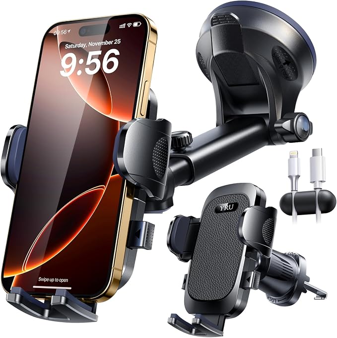 YRU True Military-Grade [360° Rotation Suction] 2026 Ultimate Car Phone Holder Mount【90+LBS Safest Strongest & Patent Certs】 Dash Windshield for iPhone 17 16 Pro Max Speakerphones, Matt Black