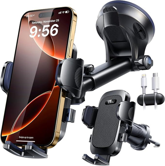 YRU True Military-Grade [360° Rotation Suction] 2026 Ultimate Car Phone Holder Mount【90+LBS Safest Strongest & Patent Certs】 Dash Windshield for iPhone 17 16 Pro Max Speakerphones, Matt Black