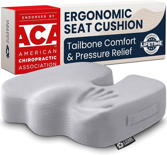 5 STARS UNITED Seat Cushion - Memory Foam Chair Cushion for Tailbone Pain Relief - Ergonomic Support for Coccyx, Sciatica & Butt - Office, Desk & Gaming Chair, Car Seat, Wheelchair, Airplane, L Gray