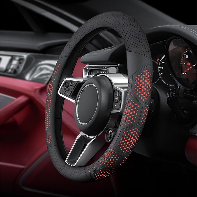 Yangday Leather Steering Wheel Cover for Ford F150 F250 F350, 15.5-16 inches Car Steering Wheel Cover with Non-Slip Breathable (Red)