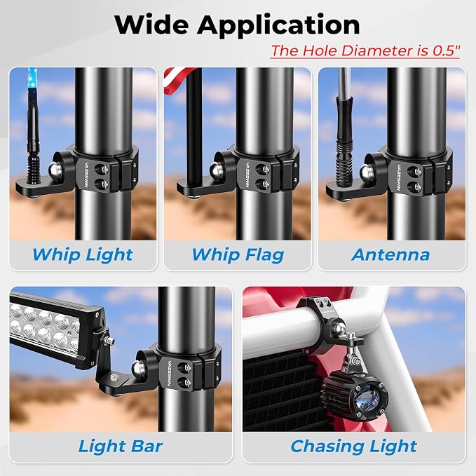 VAZESWIN 1 PC UTV Whip Light Mount for 1.5"/1.75"/1.85"/2"/2.1" Roll Cages | Solid Aluminium Alloy, CNC Machining, Heavy-Duty Off-Road UTV Whip Flag Mount, 360° Adjustable LED Light Bar Mounting Bracket