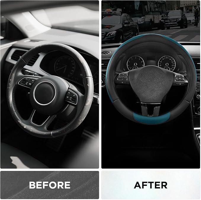 Road Comforts Steering Wheel Cover, Breathable Anti-Slip Leather Steering Wheel Cover, Universal Fit 14.5–15 Inch, Comfortable Grip - Blue Color