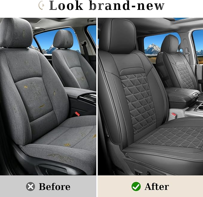 Coverado Leather Car Seat Covers, Waterproof Dooge Ram 1500 Seat Covers Compatible with 2002-2026 Dodge Ram 1500 2500 3500 with Flat Bench (Full Set, Dark Gray)