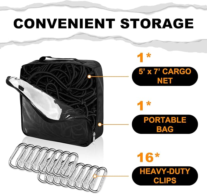 Seven Sparta Large Cargo Net for Truck Bed 5'x 7' Stretches to 10' x 14' | Latex, Large Size, With 16 D Clip Carabiners, For Truck Bed/Pickup Bed/Trailer/Trunk/SUV/Roof Racks/Pool Floats/Lorry/Storage