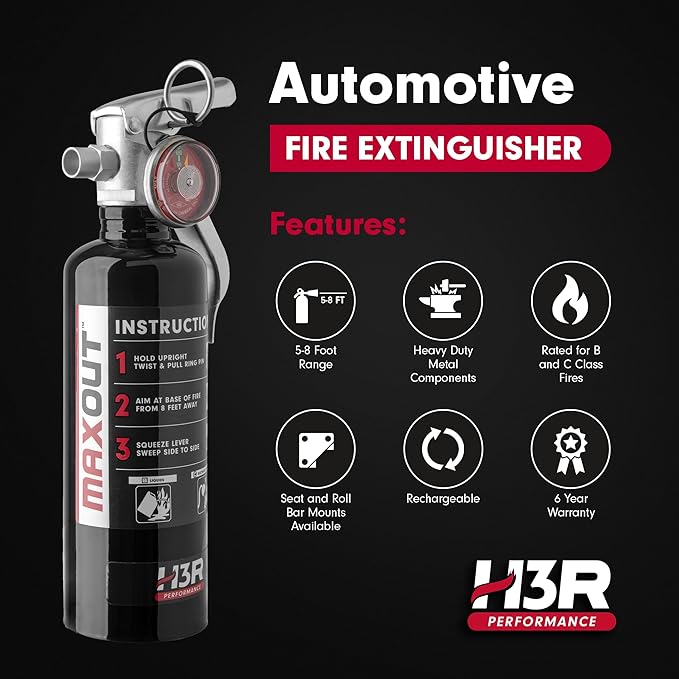MaxOut Compact Fire Extinguisher for Vehicles – Cars, Trucks, UTVs, RVs & Boats | Off-Road Ready | Refillable Purple K Dry Chemical | Class BC | Mounting Bracket | UL Listed | Black 1.0 lb