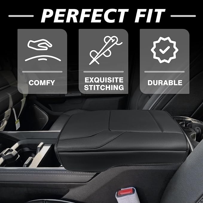 Muslogy Center Console Armrest Cover Fit for Dodge Ram1500 2500 3500 2019-2026 Accessories, Comfort Armrest Pad Console Lid Cushion Vegan Leather Regular Thick(Bucket Seat ONLY, NO Limited,Laramie)