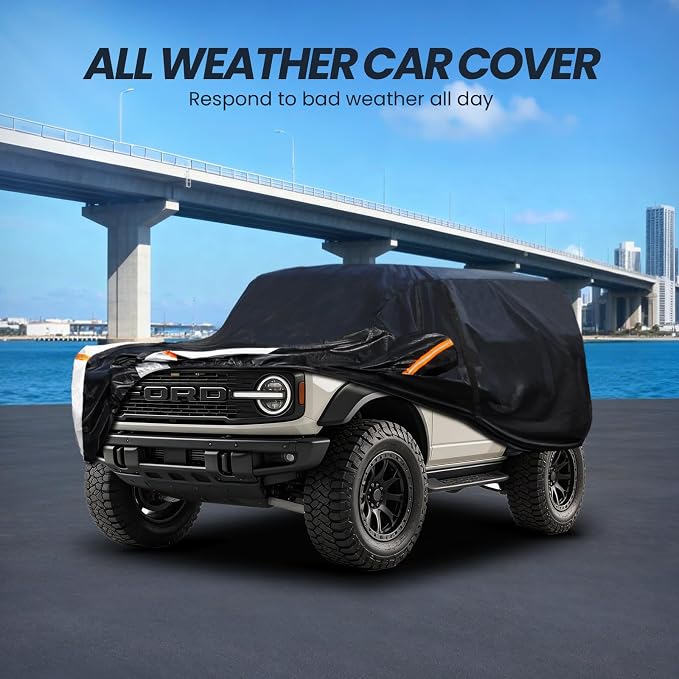 Multi-Layer Car Cover Custom Fit for Ford Bronco 2dr/Sport(2020-2026), 100% Waterproof All Weather for Automobiles, Gift with Towel, Heavy Duty Car Covers for Rain Sun UV Protection with Door Zipper