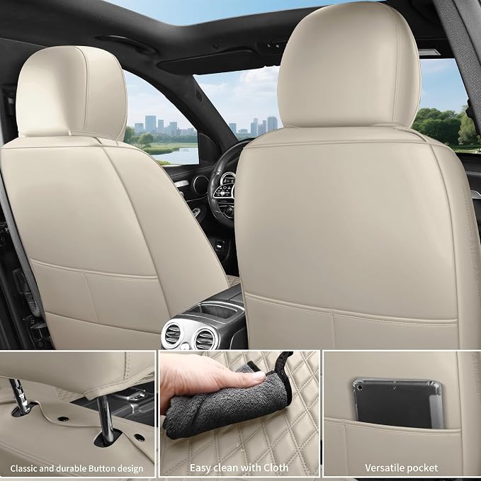 Beige High-Density Nappa Leather Automotive Car Seat Covers Full Set | Univerasal Precision Fit,3D Contoured,Full Coverage,Waterproof,ThickTexture Nappa Leather,for most Suvs Trucks Sedans