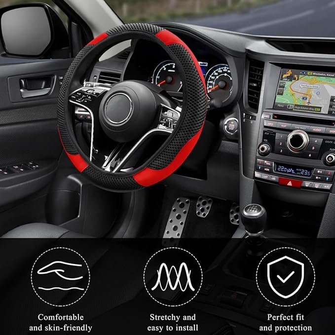 Elastic Stretch Steering Wheel Cover, Warm in Winter and Cool in Summer, Universal 15 inch Microfiber Breathable Ice Silk Anti Slip Car Interior Accessories, Odorless, (Black Red)