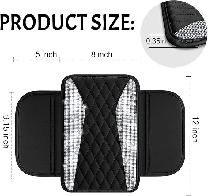 NBTEPEM Bling Car Center Console Cover, Leather Middle Console Cover with 2 Storage Bags, Universal Arm Rest Cover Protector, Bling Car Accessories Interior Fit for Most Vehicles, Silver Diamond