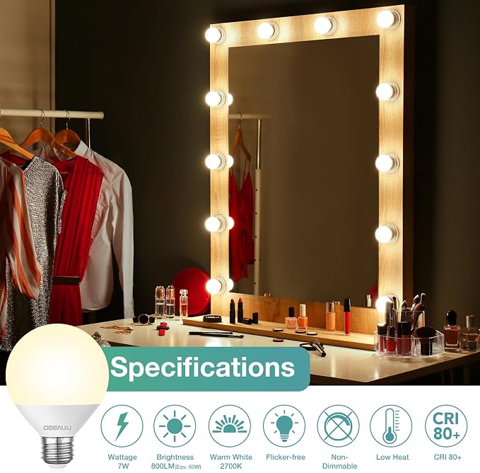 DEGNJU LED Vanity Light Bulbs, 60W Equivalent, Bathroom Light Bulbs 3000K Warm White, 800 Lumens, G25 Globe Bulb for Makeup Mirror, Round Shape, 7W, 120V, Non-Dimmable, 10 Pack
