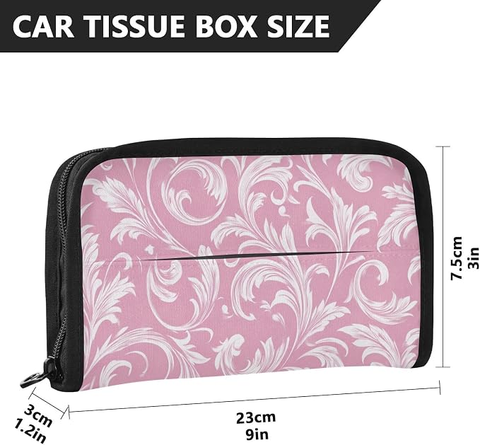 Car Tissue Holder Car Napkin Holder Tissue Box Dispenser Storage Case Sun Visor Mask Holder Accessories with Adjustable Straps Reusable Refillable Pink Damask Swirl