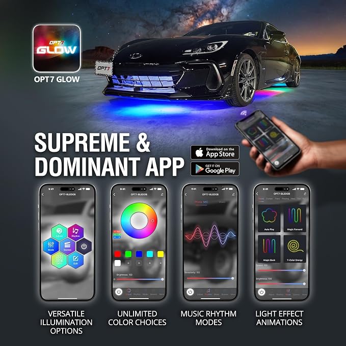 OPT7 Aura DreamColor Underglow Chasing Lights for Car with APP & Remote | Waterproof Aluminum Frame, RGB-IC LED Bar, Rainbow Ground Effects, Exterior Neon Accent Lighting, Music Sync Decor, 12V