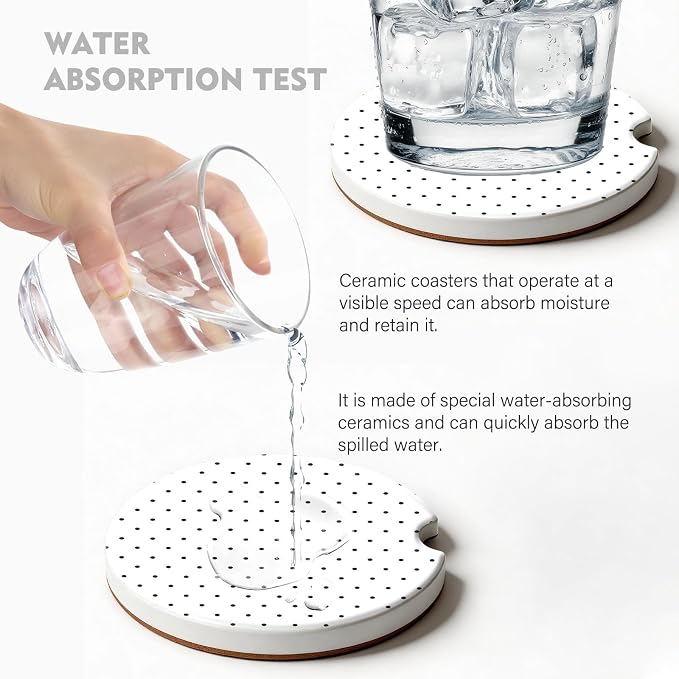 2 Pack Car Coasters for Cup Holders, Absorbent Ceramic Cup Coaster with Cork Base and Finger Notch, Cute Car Accessories Interior for Women Men