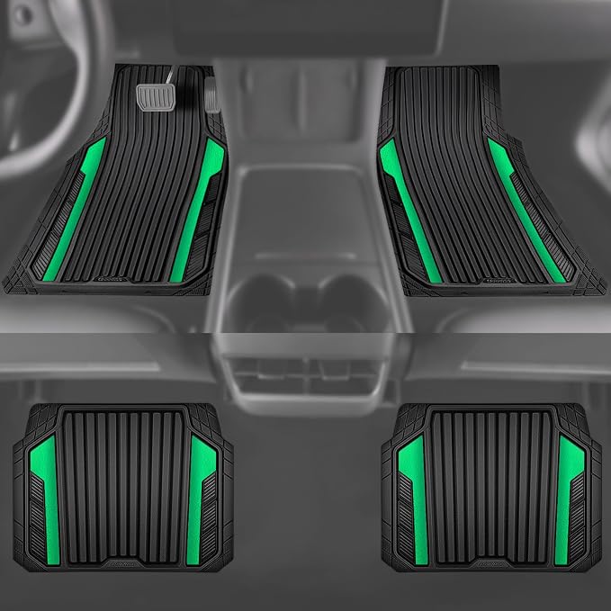 CAR PASS Heavy Duty Rubber Car Mats Metallic,Aluminum Film All Weather Floor Mats Waterproof Universal Trim to Fit SUVs Sedans Vans 4 Piece Anodized Deep Dish Two-Tone Sporty Black Green Chrome