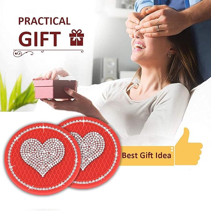 Bling Cup Holder Insert Coaster- 2.75 inch Silicone Anti-Slip Shockproof, Universal Fashion Car Interior Accessories for Women (RED&Love, 2 PCS)