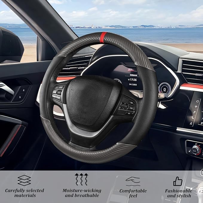 Carbon Fiber Car Steering Wheel Cover, Leather Breathable Automotive Wheel Protector, 15 Inch Anti-Slip Vehicle Interior Steering Accessories, Universal for SUV Truck Sedan (Gray)
