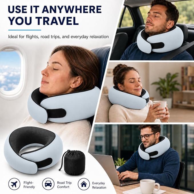 Travel Neck Pillow for Airplanes, Pure Memory Foam Neck Pillow with Washable Cover and Storage Bag, Ergonomic 360° Support for Sleeping, Car, Office, Home, Black