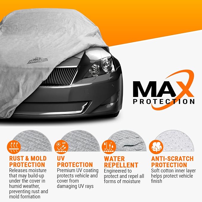 Armor All Car Cover Waterproof All Weather Heavy Duty for Sedan up to 203" | Scratch-resistant soft lining, 6 secure straps, includes storage bag, works for Sun Rain Snow Hail Outdoor Indoor Protection