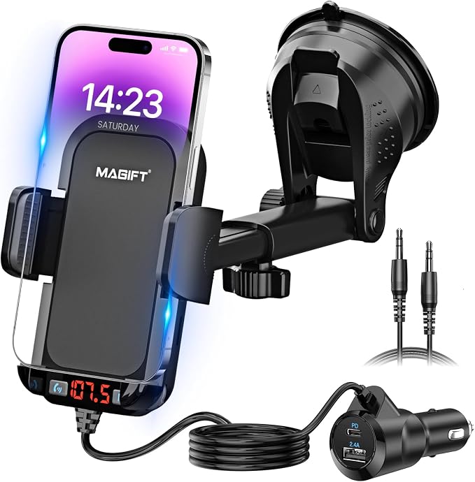 Bluetooth Car Adapter 3 in 1 FM Transmitter PD 48W Fast Charging | Bluetooth Transmitter with Phone Holder, Strong Microphone, HiFi Bass Sound, Hands-Free Call, Support USB/TF Drive