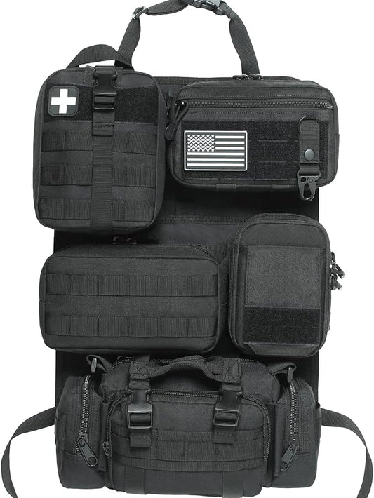 6 Pack Tactical Molle Car Seat Back Organizer,Backseat Organizer for Man | Tactical Vehicle Panel Organizer with 5 Detachable Molle Pouch,US Flag Patch and Keychain,Great Trunk Accessories