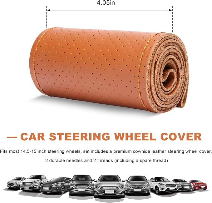 Genuine Leather Steering Wheel Cover, 15 Inch Stitch on Wheel Wrap with Needles & Threads, Breathable Steering Wheel Protector DIY Sewing Wrap for Car Truck SUV (Brown, Full Hole)