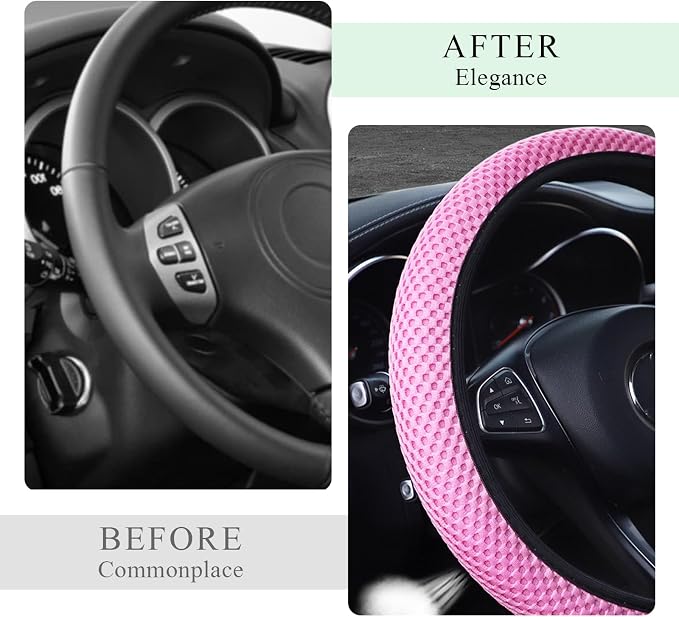 Yourkar Elastic Steering Wheel Cover, 15"×15" Comfy Breathable Stretch Steering Wheel Protector, Ice-Silk Cloth Polyester Steering Wheel Cover for Men Women, Car Accessories (Pink)