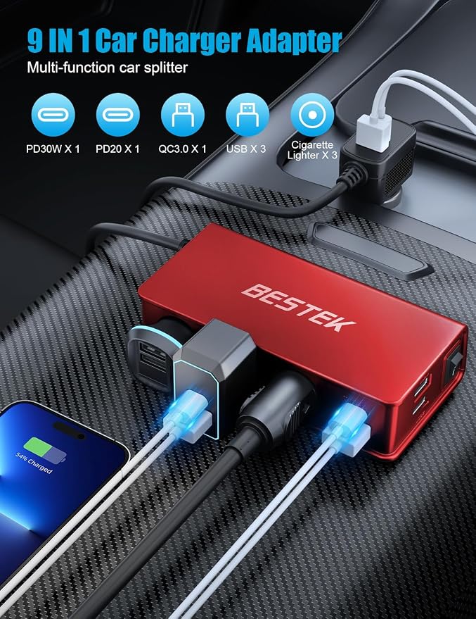 BESTEK 148W Cigarette Lighter Splitter 9 in 1 Cigarette Lighter Adapter with 3-Socket PD 30W and QC3.0 18W Charging Ports LED Display Super Fast Charger for Dash Cam, GPS, iPad/Laptop/Phone（Red）