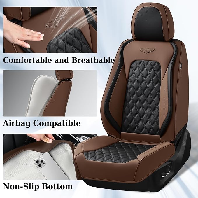 Coverado Car Seat Covers Front Seats, Premium Breathable Waterproof Faux Leather Full Set with Rear Protectors, Luxury Automotive Interior for Sedans SUVs Trucks – CoffeeBlack