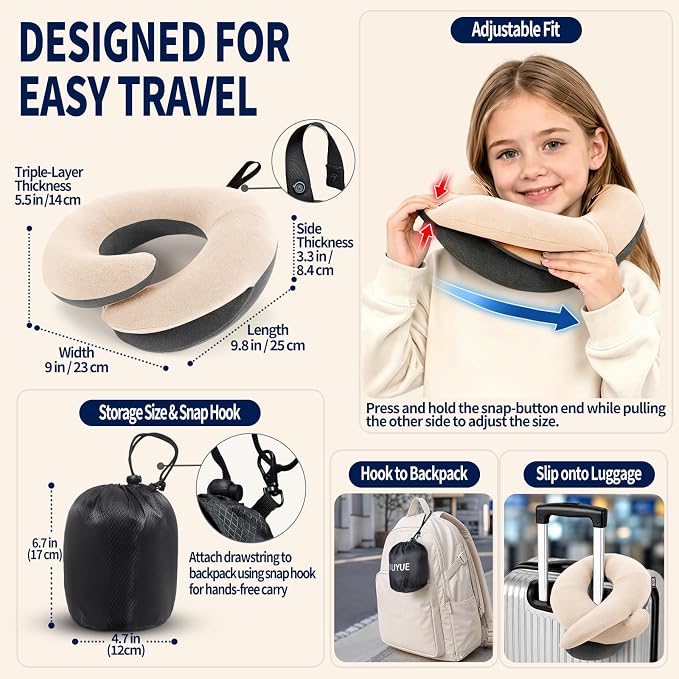 BUYUE Kids Travel Pillows for Airplane, Memory Foam 360° Head Support Sleeping Essentials for Long Flight, Skin-Friendly Soft Neck Pillow for Traveling in Car Seat, (Small, Beige Grey, 40-90 lbs)