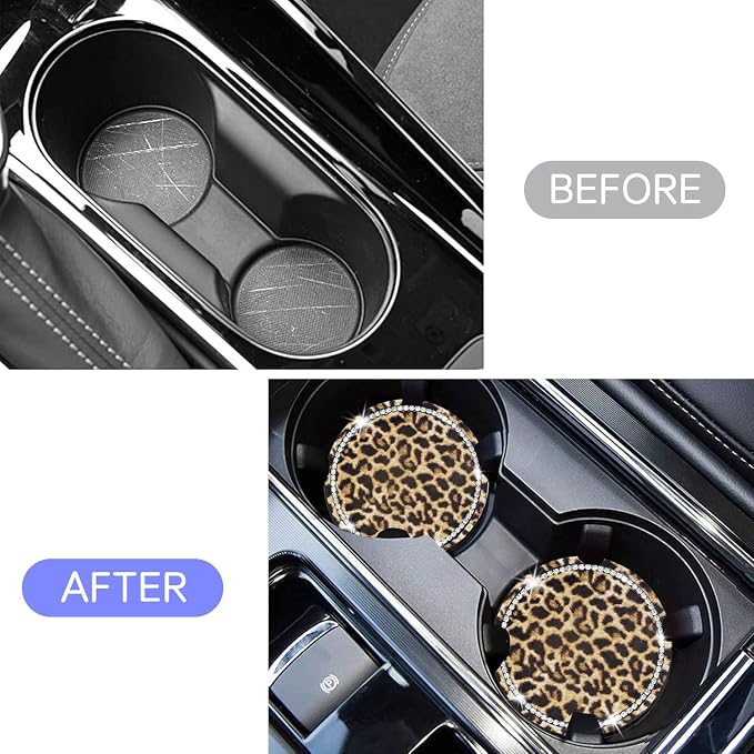 Car Cup Holder Coaster, 2PCS Silicone Car Cup Holder Insert Leopard Print, 2.75" Universal Non-Slip Cup Holders, Interior Car Accessories for Women and Man (Leopard)