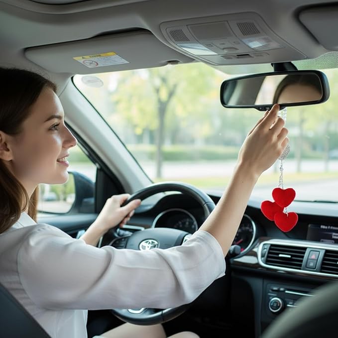 Frienda Red Car Rear View Mirror Accessories for Women Bling Heart Shaped Rhinestone Hanging Charm Sparkly Rear Mirror Ornament Pendant Gift for Girlfriend Wife Female Drivers Car Interior Decoration