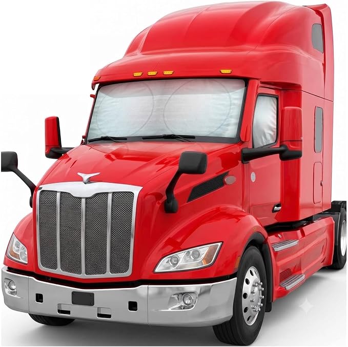 BDK Motor Trend Semi Truck Steering Wheel Cover & Windshield Sunshade Bundle – 18" Leather Steering Wheel Cover with Wrap Around Privacy Windshield Sun Shade for Big Rigs & Commercial Trucks