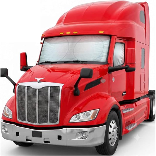 BDK Motor Trend Semi Truck Steering Wheel Cover & Windshield Sunshade Bundle – 18" Leather Steering Wheel Cover with Wrap Around Privacy Windshield Sun Shade for Big Rigs & Commercial Trucks