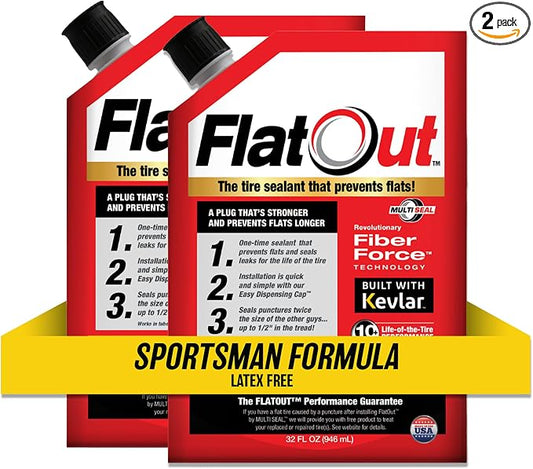 FlatOut Sportsman Formula Tire Sealant - Prevents Flat Tires - Fix a Flat Tire - Seals Leaks - Contains Kevlar - Tubeless Tire Sealant - 32 Ounce Bag - Pack of 2