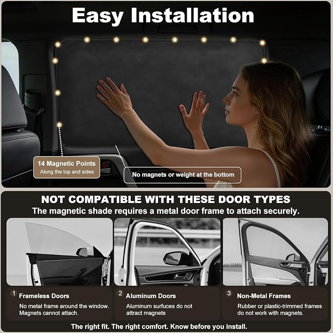 XCBYT Suede Rear Car Window Shades 2 Pack, 100% Blackout Privacy | 100% blackout keeps the backseat cool for baby naps & nursing. Premium soft suede. Fits iron frames only (30.3x18.9")