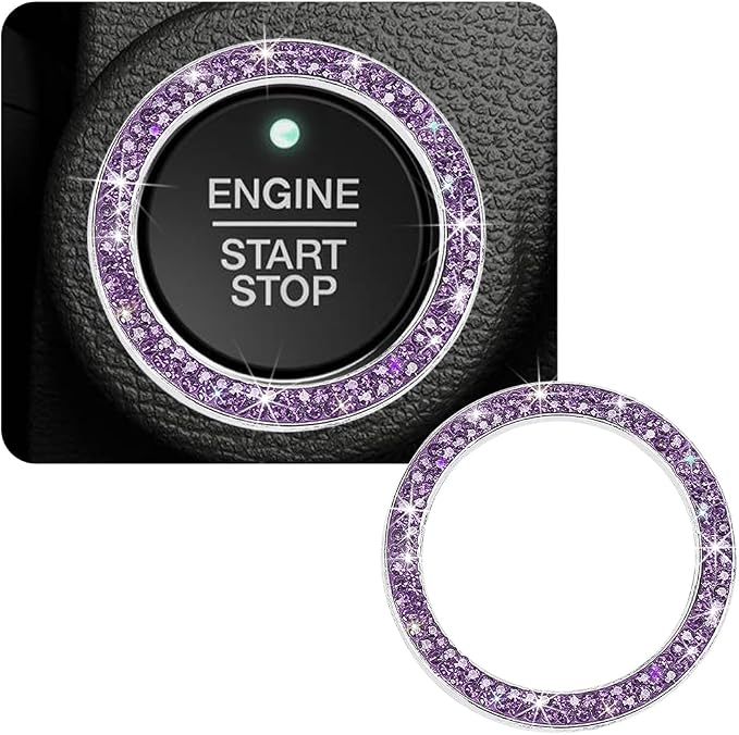 Car Bling Crystal Rhinestone Engine Start Ring Decals, Sparkling Diamond Car Push Start Button Ignition Ring Sticker, Auto Key Ignition Knob Ring Decoration for Women Girls (Purple)