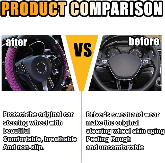 JOYCOURT 15 Inch Bling Soft Leather Car Steering Wheel Cover, Purple | Colorful Rhinestones Design, Auto Elastic Protector for Women Girls, Crystal Diamond Car Accessories for Most Cars, SUVs