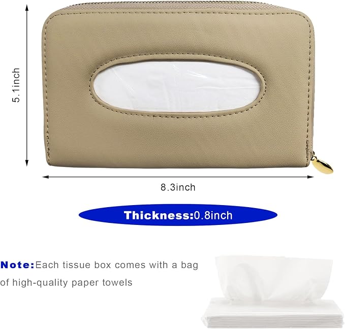 Car Tissue Holder, PU Leather Auto Sun Visor Tissue Case Napkin Holder with Zipper, Rectangular Mask Dispenser Hanging Paper Towel Organizer for Cars SUVs Trucks RVs (Beige)